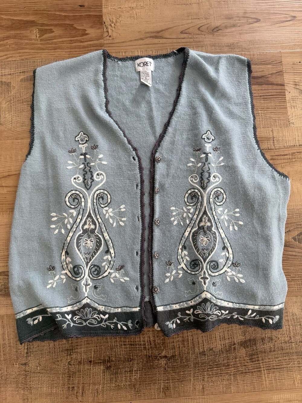 Vintage 90s Koret Embroidered Floral Beaded Knit Vest Button Front Grannycore